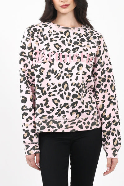 The "BRUNETTE" Pink Leopard Middle Sister Crew Neck Sweatshirt